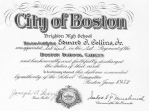 1952 Certificate from Boston School Cadets Brighton High School to Ed Collins, Jr.