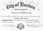 1952 High School diploma for Ed Collins, Jr. from Brighton High School, Boston